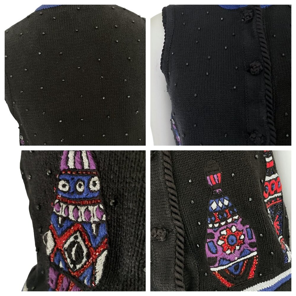 Vintage 90s Black Beaded Sweater Vest Christmas. Small. Cottagecore Embroidered - Picture 10 of 11